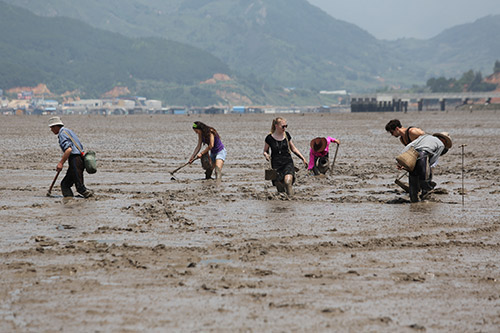 外國留學生體驗灘塗捉魚