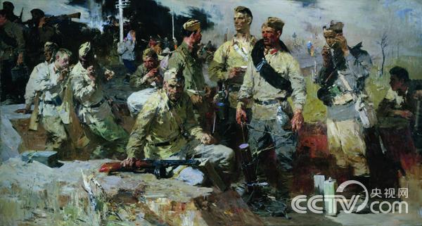 《民兵們》 莫依謝延科E.E. 1959  布面油畫  200X370cm 國立俄羅斯博物館藏