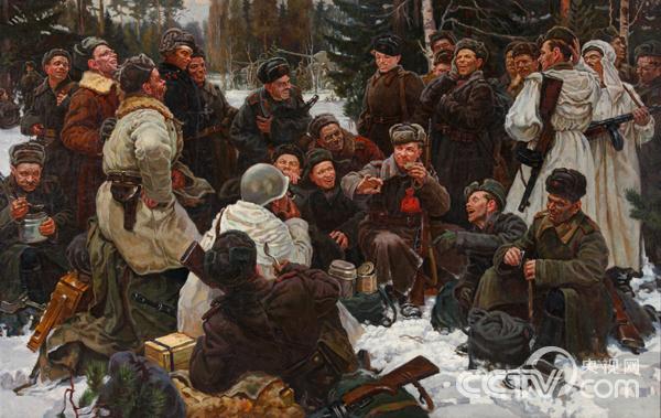 《戰鬥後的休息》 涅普林採夫U.M. 1951  布面油畫 192X300cm 俄羅斯現實主義藝術研究所藏
