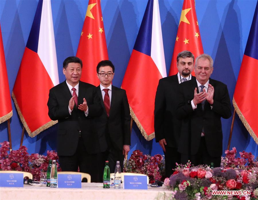 Chinese President Xi Jinping and his Czech counterpart Milos Zeman attend the China-Czech Economic Roundtable in Prague, the Czech Republic, March 30, 2016. (Xinhua/Pang Xinglei)