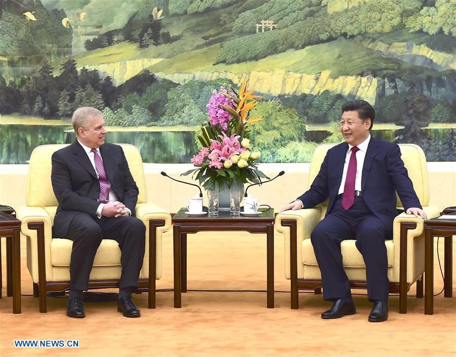 Chinese President Xi Jinping (R) meets with visiting British Prince Andrew, the Duke of York, in Beijing, capital of China, April 5, 2016. (Xinhua/Zhang Duo)