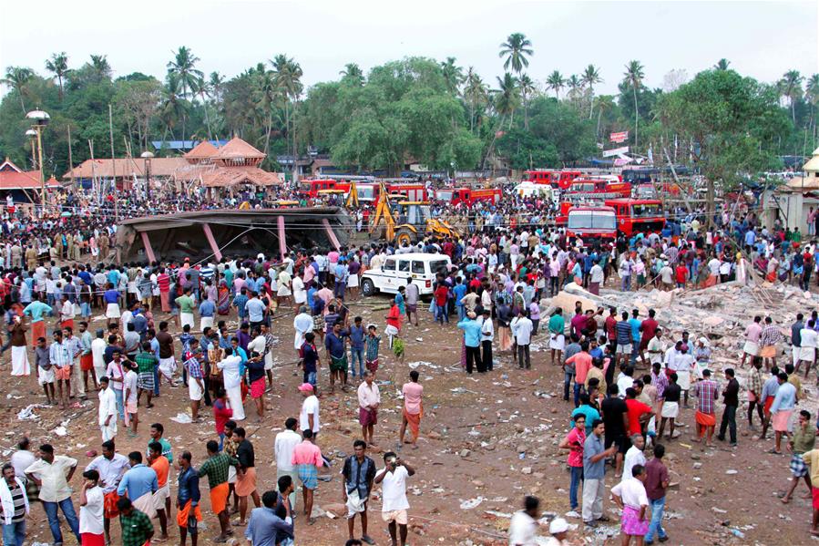 The site of the Puttingal Devi temple fire is seen in the southern Indian state Kerala, on April 10, 2016. (Xinhua)