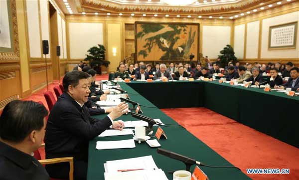 BEIJING, April 19, 2016 (Xinhua) -- Chinese President Xi Jinping (2nd L), also head of the central Internet security and informatization leading group, presides over a symposium on cyberspace security and informatization in Beijing, capital of China, April 19, 2016. (Xinhua/Lan Hongguang)