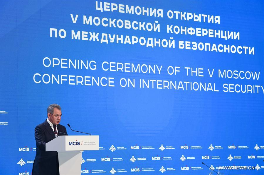 Russian Defense Minister Sergei Shoigu delivers a speech during the 5th Moscow Conference on International Security (MCIS) in Moscow, Russia, on April 27, 2016. The 5th Moscow Conference on International Security is held here with main topic of fighting terrorism this year. (Xinhua/Dai Tianfang) 