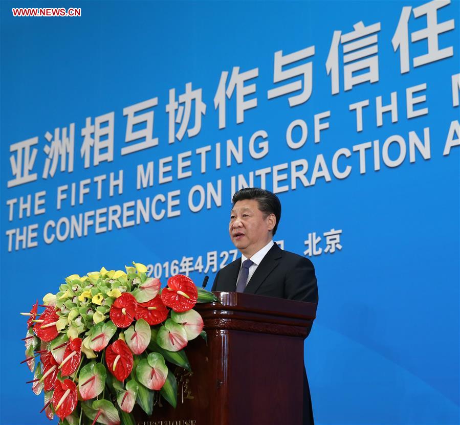 BEIJING, April 28, 2016 (Xinhua) -- Chinese President Xi Jinping addresses the opening ceremony of the fifth foreign ministers