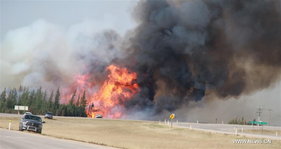 Flames rise off in Alberta Province of Canada, May 7, 2016. [Photo: Xinhua]