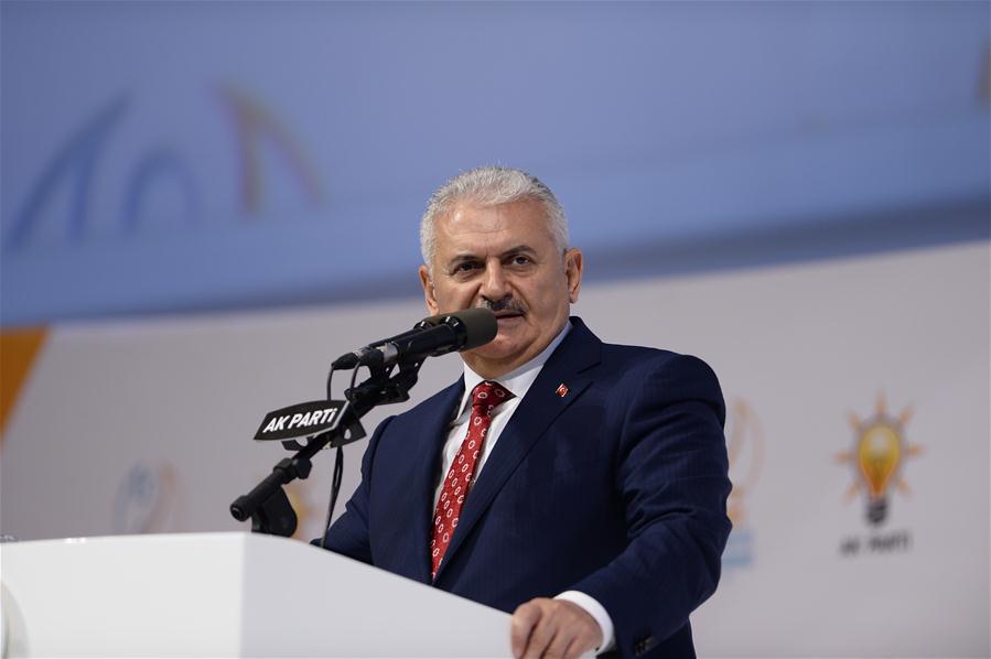 Binali Yildirim addresses his supporters at the congress of Turkish ruling Justice and Development Party in Ankara, Turkey on May 22, 2016.  (Xinhua/Mustafa Kaya)