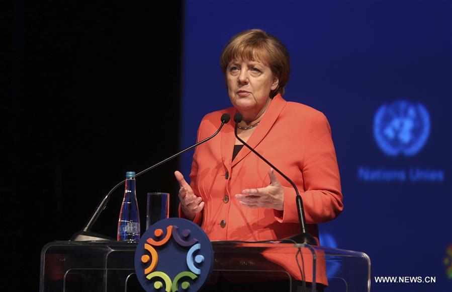 German Chancellor Angela Merkel delivers a speech at the world humanitarian summit in Istanbul, Turkey, on May 23, 2016. The first world humanitarian summit opened here Monday with United Nations Secretary-General Ban Ki-moon urging governments, aid groups, the private sector and other stakeholders to act to improve the global humanitarian system. (Xinhua/Anadolu Agency)