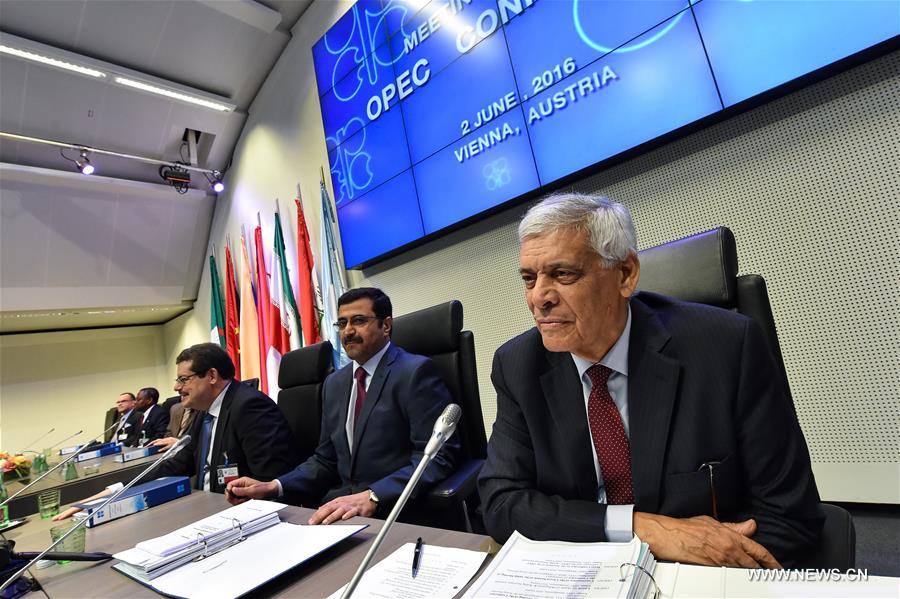 Abdallah Salem el-Badri (R), secretary-general of the Organization of the Petroleum Exporting Countries (OPEC), rotating president of OPEC and Minister of Energy and Industry of Qatar, attends the 169th meeting of the OPEC conference in Vienna, capital of Austria, on June 2, 2016. (Xinhua/Qian Yi) 