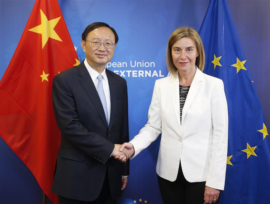 BRUSSELS, June 10, 2016 (Xinhua) -- Chinese State Councilor Yang Jiechi (L) shakes hands with European Union (EU) High Representative for Foreign Affairs and Security Policy Federica Mogherini at the 6th round of China-EU high-level strategic dialogue in Brussels, Belgium, June 10, 2016. (Xinhua/Ye Pingfan)