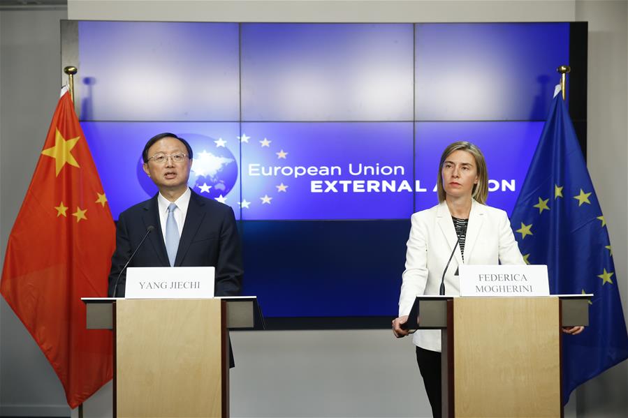 BRUSSELS, June 10, 2016 (Xinhua) -- Chinese State Councilor Yang Jiechi (L) and European Union (EU) High Representative for Foreign Affairs and Security Policy Federica Mogherini address a joint press conference after the 6th round of China-EU high-level strategic dialogue in Brussels, Belgium, June 10, 2016. (Xinhua/Ye Pingfan) 