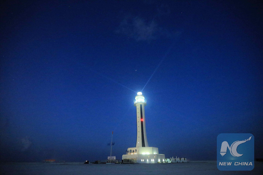 Photo taken on April 5, 2016 shows the lighthouse on Zhubi Reef of Nansha Islands in the South China Sea, south China. (Xinhua file photo)