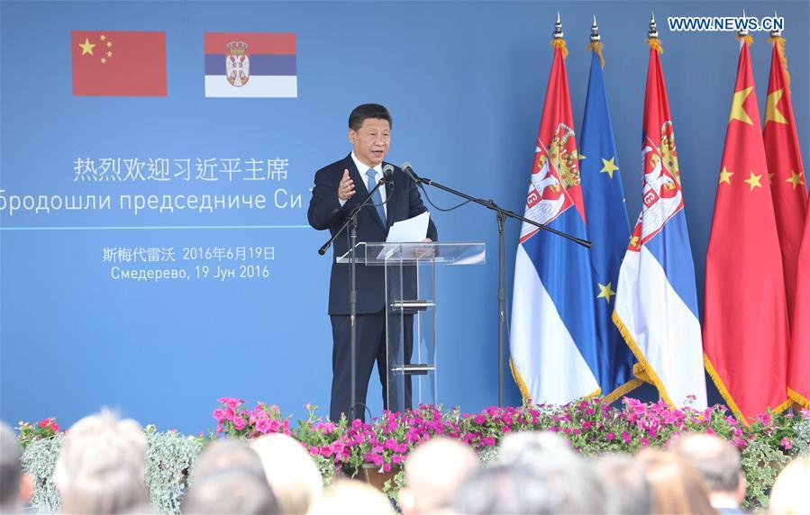 Chinese President Xi Jinping delivers a speech as he visits Serbia