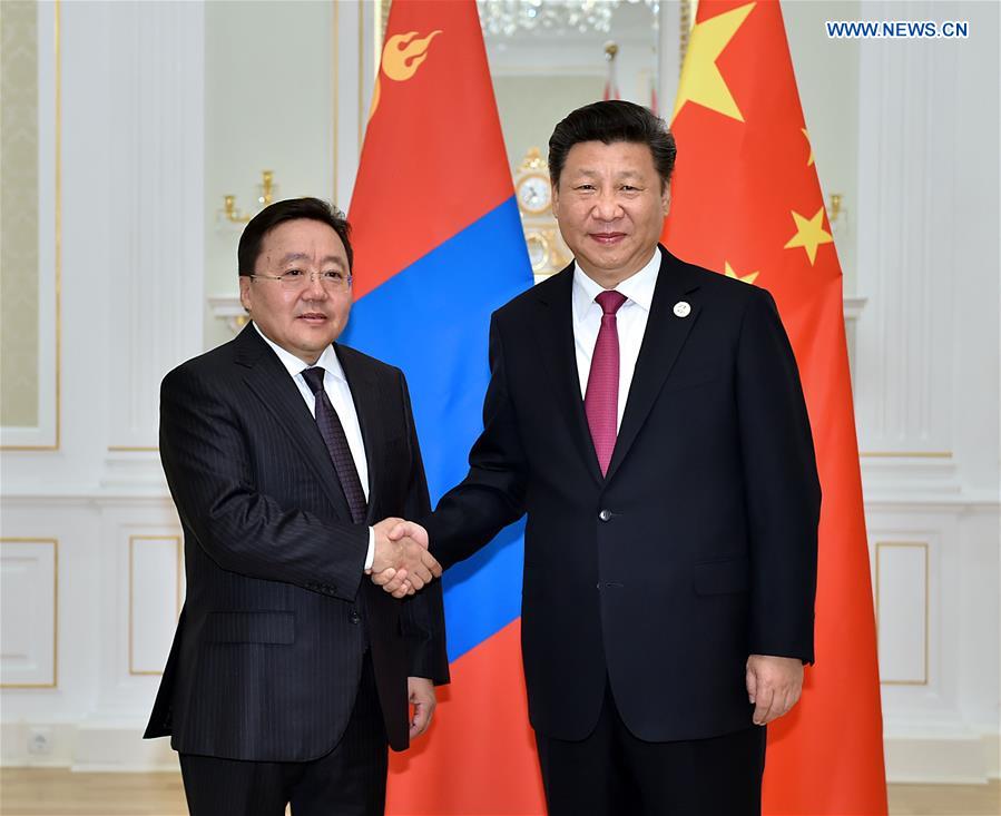 Chinese President Xi Jinping (R) meets with Mongolian President Tsakhiagiin Elbegdorj in Tashkent, Uzbekistan, June 23, 2016. 