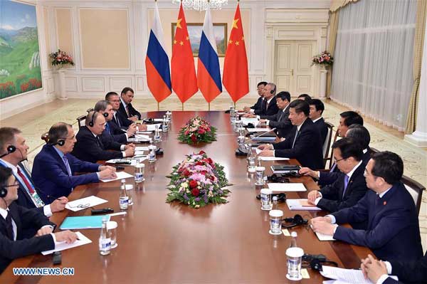 TASHKENT, June 23, 2016 (Xinhua) -- Chinese President Xi Jinping meets with Russian President Vladimir Putin in Tashkent, Uzbekistan, June 23, 2016. (Xinhua/Li Tao)