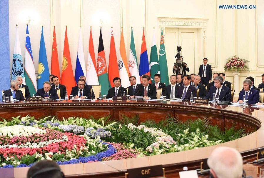 TASHKENT, June 24, 2016 (Xinhua) -- Chinese President Xi Jinping attends the 16th Shanghai Cooperation Organization (SCO) Council of Heads of State meeting in Tashkent, Uzbekistan, June 24, 2016. (Xinhua/Rao Aimin)