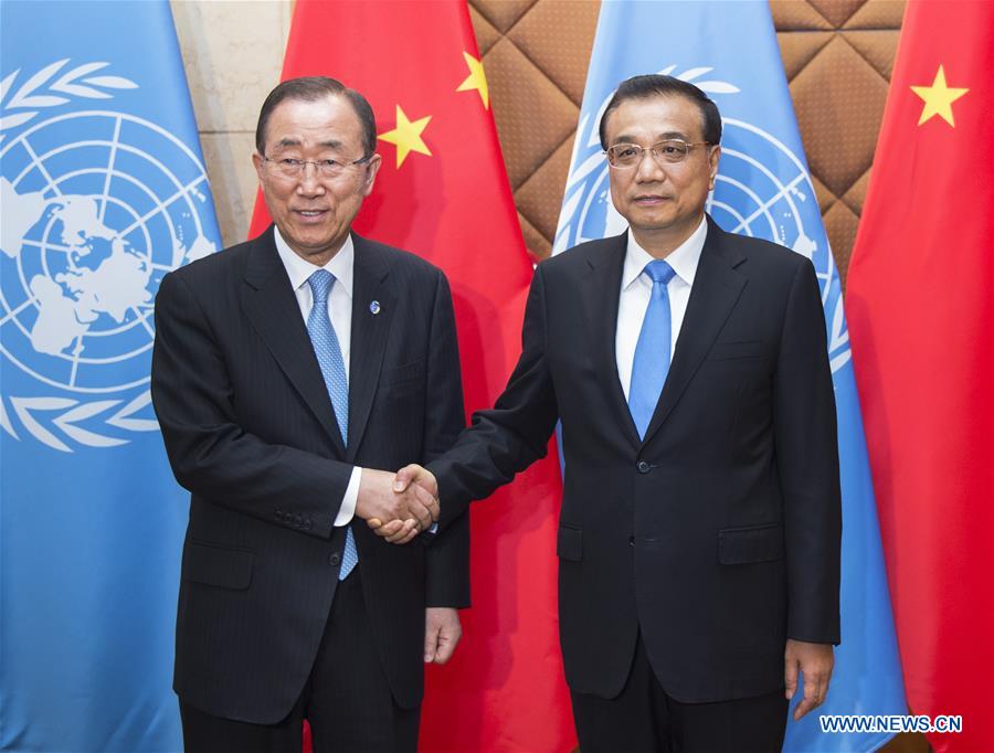 Chinese Premier Li Keqiang (R) meets with UN Secretary-general Ban Ki-moon in Beijing, capital of China, July 8, 2016. 