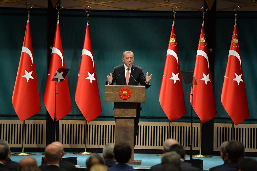 Turkish President Recep Tayyip Erdogan speaks at a press conference in Ankara, Turkey on July 20, 2016. Turkish President Recep Tayyip Erdogan on Wednesday declared state of emergency for three months following a failed coup attempt on July 15. (Xinhua/Mustafa Kaya)