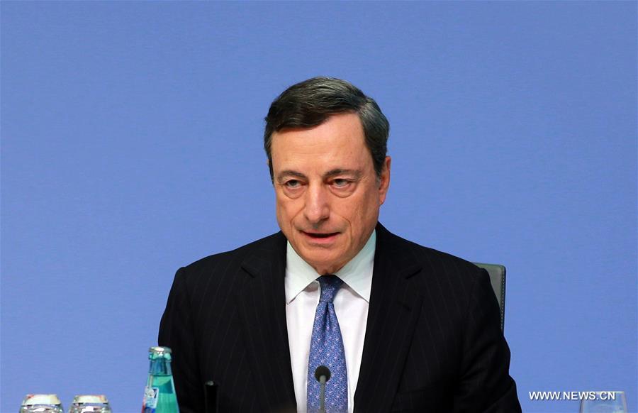 FRANKFURT, July 22, 2016 (Xinhua) -- The European Central Bank (ECB) President Mario Draghi attends a press conference at the ECB headquarters in Frankfurt, Germany, on July 21, 2016. The ECB on Thursday decided to leave key interest rates unchanged and vowed to act by using all instruments available if necessary. (Xinhua/Luo Huanhuan)