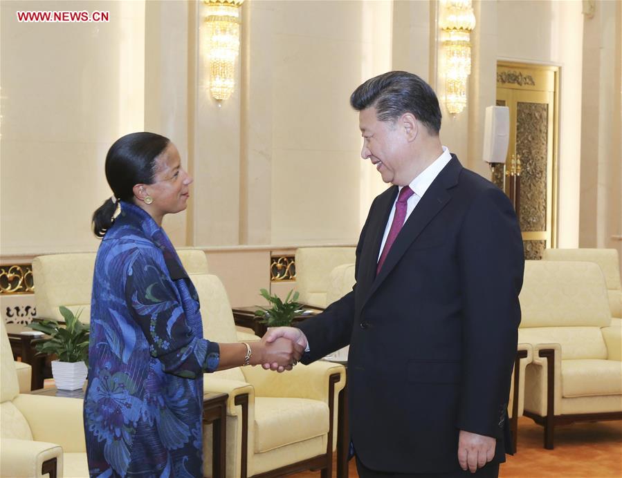 BEIJING, July 25, 2016 (Xinhua) -- Chinese President Xi Jinping (R) meets with U.S. National Security Advisor Susan Rice at the Great Hall of the People in Beijing, capital of China, July 25, 2016. (Xinhua/Ding Lin)