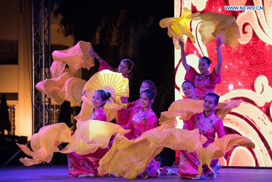 CAIRO, July 23, 2016 (Xinhua) -- Chinese artists perform folk dance during the "China Day" of the 1st Afro-Chinese Arts and Folklore Festival, in Cairo, Egypt, July 22, 2016. Performances on "China Day", the second day of the 1st Afro-Chinese Arts and Folklore Festival, have attracted many Egyptian, Chinese and African audiences at Egypt