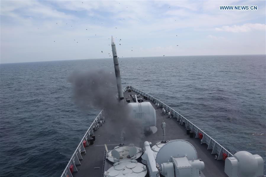 An anti-aircraft missile is launched during a drill in the East China Sea, Aug 1, 2016. The Chinese navy started a drill, which involved firing dozens of missiles and torpedoes, in the East China Sea Monday. The drill involved naval aviation forces, including submarines, ships and coastguard troops. (Xinhua/Wu Dengfeng) 