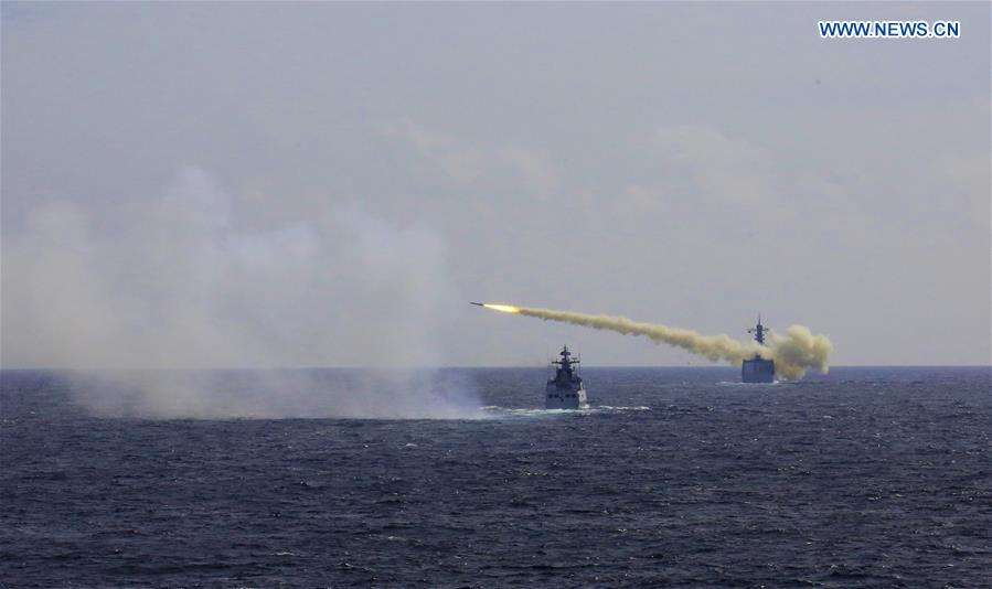 An anti-ship missile is launched during a drill in the East China Sea, Aug 1, 2016. The Chinese navy started a drill, which involved firing dozens of missiles and torpedoes, in the East China Sea Monday. The drill involved naval aviation forces, including submarines, ships and coastguard troops. (Xinhua/Wu Dengfeng)