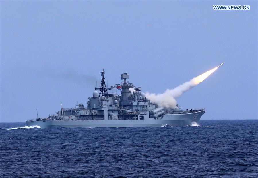 An anti-aircraft missile is launched during a drill in the East China Sea, Aug 1, 2016. The Chinese navy started a drill, which involved firing dozens of missiles and torpedoes, in the East China Sea Monday. The drill involved naval aviation forces, including submarines, ships and coastguard troops. (Xinhua/Dai Zongfeng) 