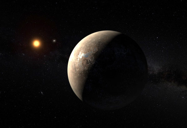 This artist’s impression shows the planet Proxima b orbiting the red dwarf star Proxima Centauri, our closest star. The double star Alpha Centauri AB is also visible in the image.(ESO/M. Kornmesser)