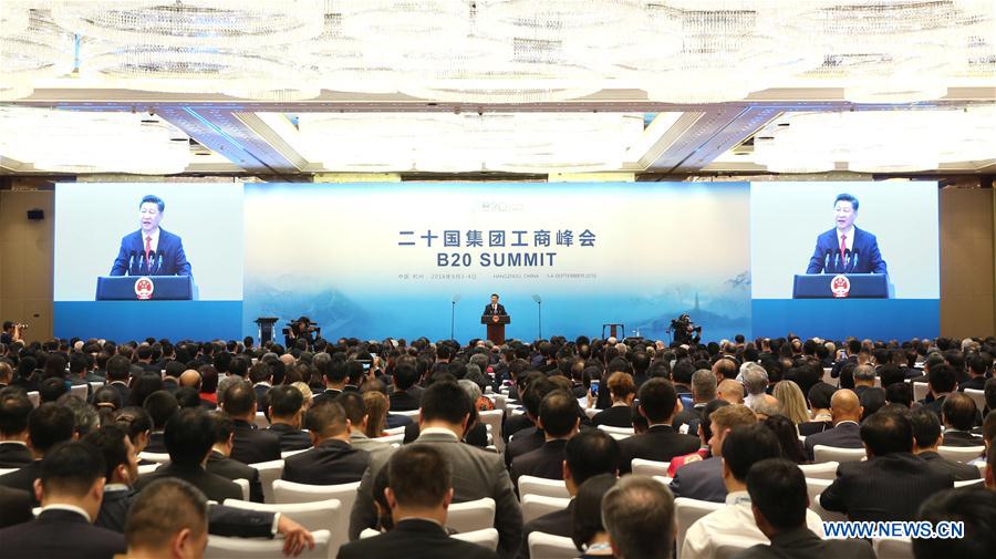 Chinese President Xi Jinping delivers a keynote speech at the Business 20 (B20) summit in Hangzhou, capital of east China