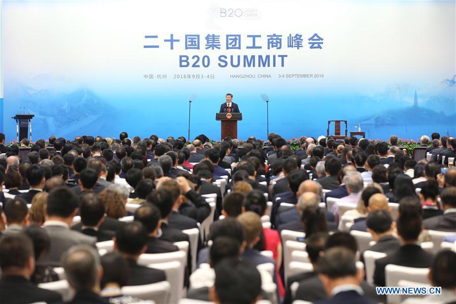 Chinese President Xi Jinping delivers a keynote speech at the Business 20 (B20) summit in Hangzhou, capital of east China