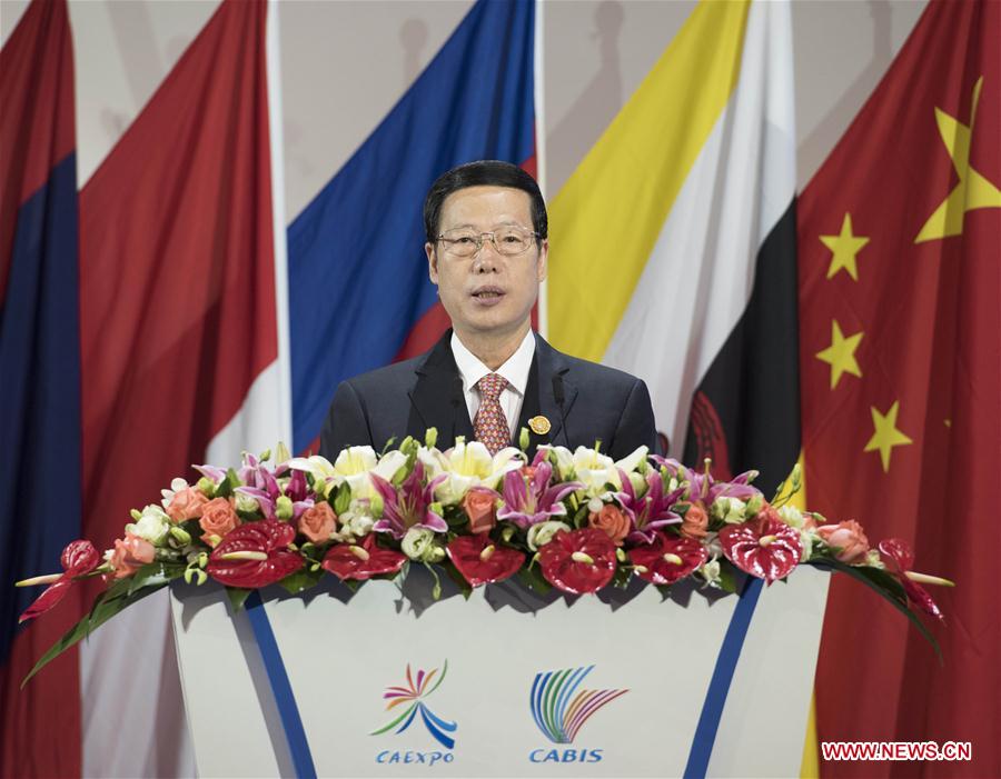 Chinese Vice Premier Zhang Gaoli addresses the opening ceremony of the 13th China-ASEAN Expo and the China-ASEAN Business and Investment Summit in Nanning, capital of south China