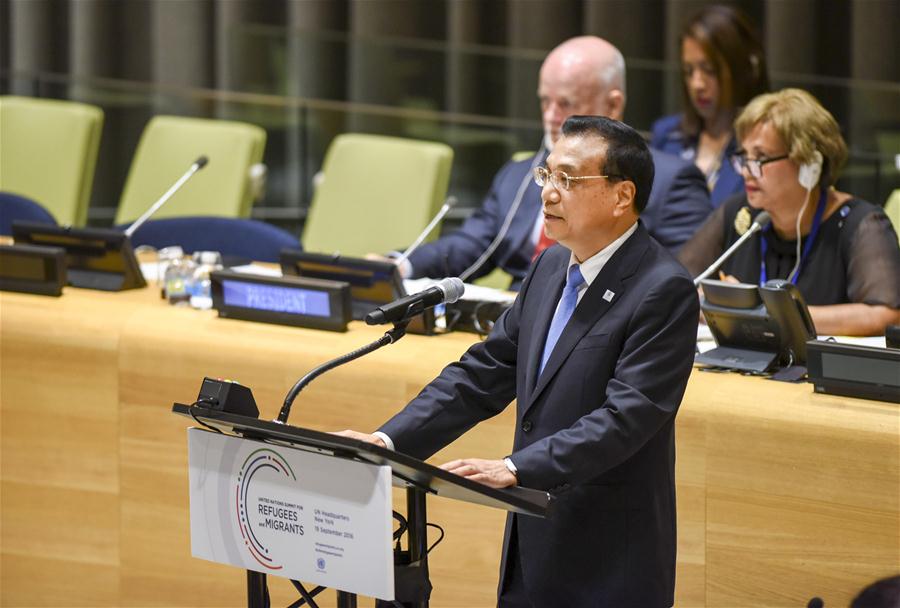 Chinese Premier Li Keqiang addresses the Summit for Refugees and Migrants of the on-going U.N. General Assembly in New York, the United States, Sept. 19, 2016. (Xinhua/Li Tao)