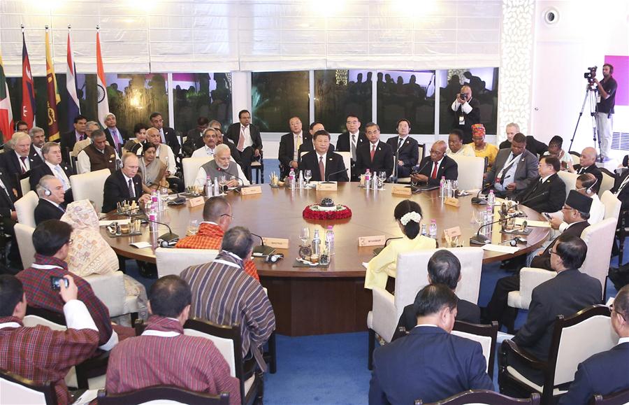 Chinese President Xi Jinping, Indian Prime Minister Narendra Modi, South African President Jacob Zuma, Brazilian President Michel Temer, Russian President Vladimir Putin, Sri Lankan President Maithripala Sirisena, Bangladeshi Prime Minister Sheikh Hasina, Bhutanese Prime Minister Tshering Tobgay, Nepali Prime Minister Pushpa Kamal Dahal, Myanmar