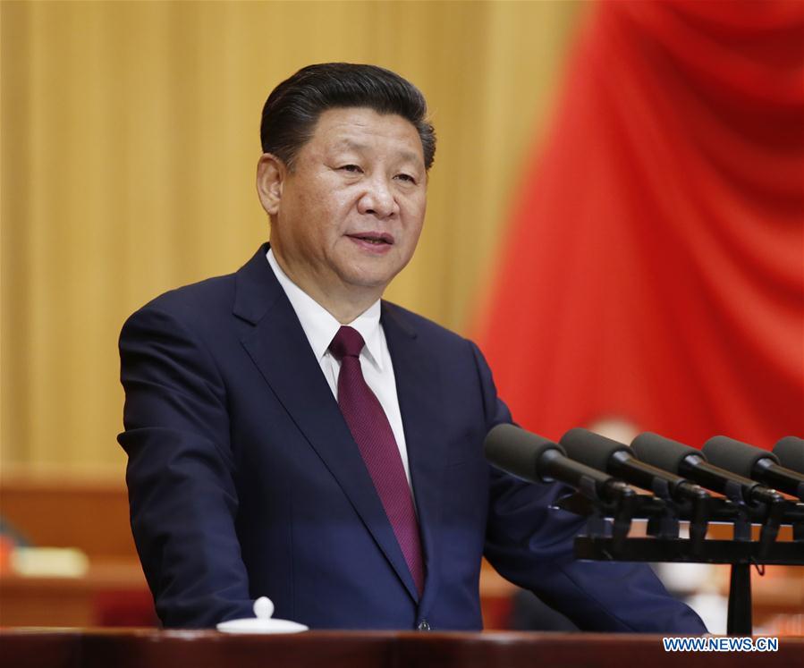 Chinese President Xi Jinping addresses a gathering to commemorate the 80th anniversary of the victory of the Long March at the Great Hall of the People in Beijing, capital of China, Oct. 21, 2016. (Xinhua/Ju Peng)