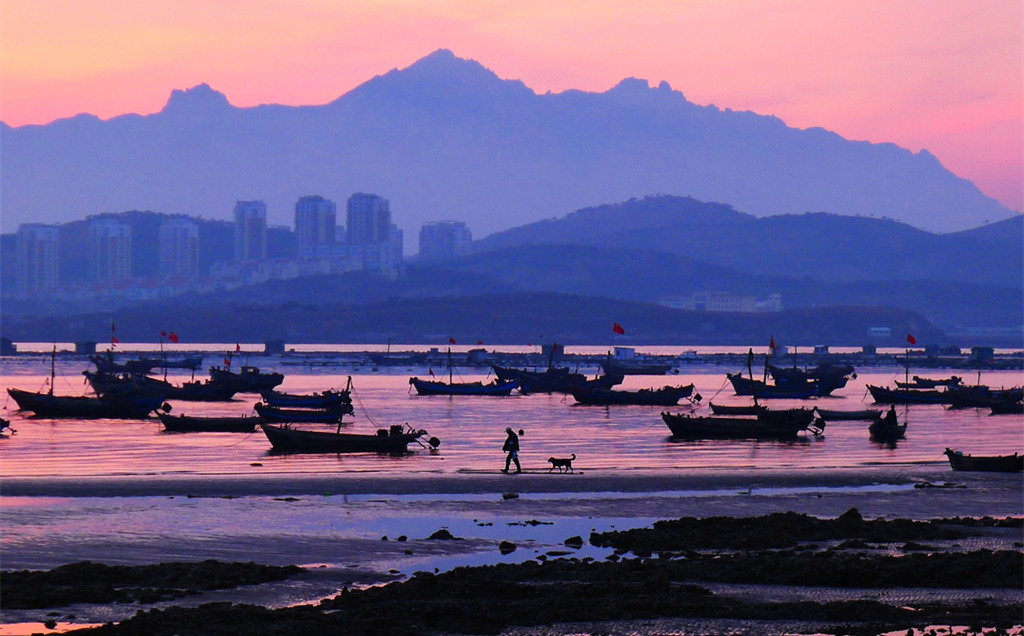 青島：霞光傾灑海面 醉美漁舟唱晚