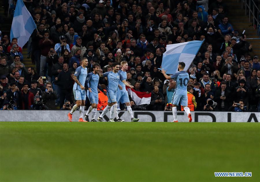 Players of Manchester City celebrate after scoring during the UEFA Champions League Group C match between Manchester City and Barcelona at Etihad Stadium in Manchester, Britain, on Nov. 1, 2016. Manchester City won 3-1. (Xinhua/Han Yan) 