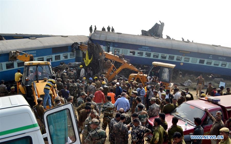 Rescue forces work at a train accident site near Kanpur in Uttar Pradesh, India, Nov. 20, 2016. In one of the worst railway tragedies in India in recent years, at least 91 people were killed and more than 150 others injured after an express train derailed in the northern state of Uttar Pradesh early Sunday morning. (Xinhua)