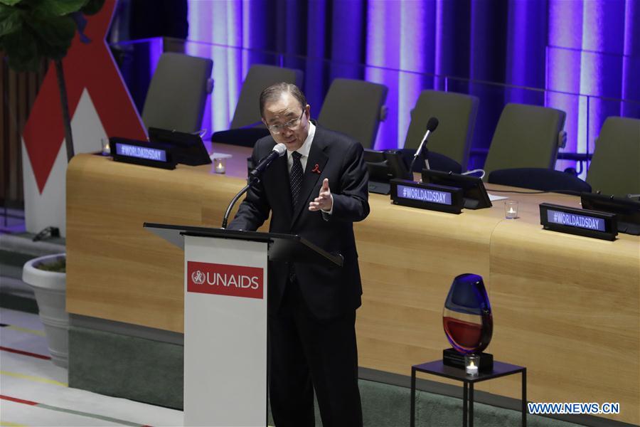 UN Secretary-General Ban Ki-moon addresses an event to mark the World AIDS Day at the UN headquarters in New York, on Nov. 30, 2016. UN Secretary-General Ban Ki-moon on Wednesday called for tolerance, awareness and helping the vulnerable people in the global efforts to fight the AIDS epidemic. (Xinhua/Li Muzi) 