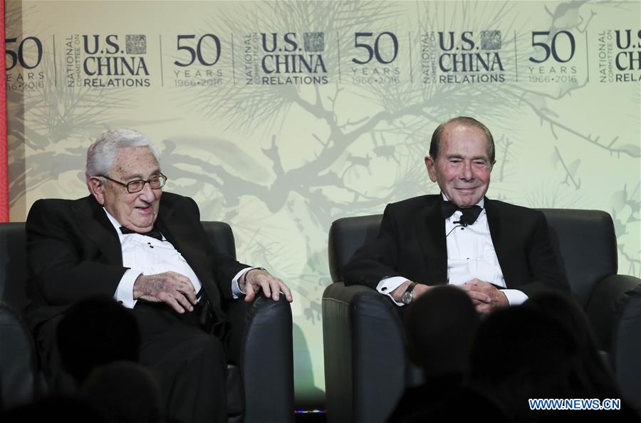 Former U.S. secretary of state, Dr. Henry A. Kissinger(L) and Maurice Greenberg, Chairman and CEO of C.V. Starr & Co., and former chairman and CEO of American Insurance Group attend an event marking the 50th anniversary of the founding of National Committee on U.S.- China Relations (NCUSCR) in New York, the United States on Dec. 15, 2016. Kissinger and Maurice Greenberg received Lifetime Achievement Award here on Thursday night. "The fundamental thing to keep in mind is that the peace and progress of the world depend on the abilities of the United States and China to respect each other