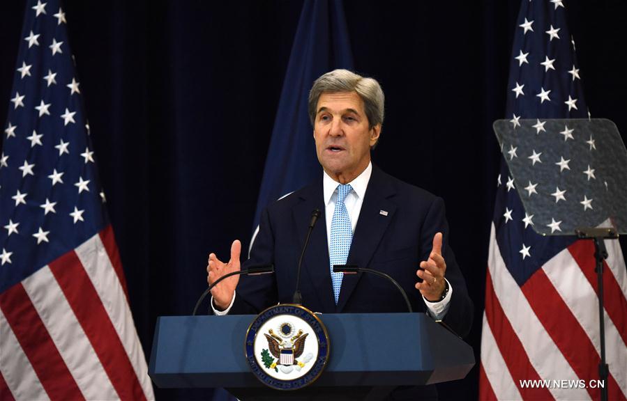 U.S. Secretary of State John Kerry delivers remarks on Middle East peace at the U.S. State Department in Washington D.C., the United States, on Dec. 28, 2016. U.S. Secretary of State John Kerry said on Wednesday only two-state solution can achieve a just and lasting peace between Israelis and Palestinians. (Xinhua/Yin Bogu)