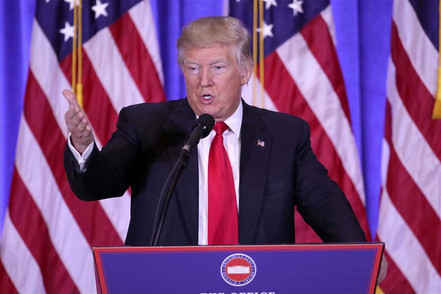 U.S. President-elect Donald Trump speaks during a news conference in New York, the United States, on Jan. 11, 2017. U.S. President-elect Donald Trump met the press Wednesday for the first news conference since the election. (Xinhua/Gary Hershorn)