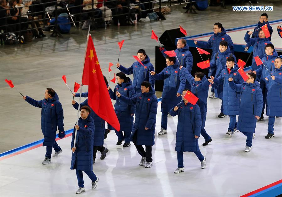 The delegation of China march in during the opening ceremony of the Asian Winter Games in Sapporo, northern Japan, Feb. 19, 2017. (Xinhua/Yang Shiyao)