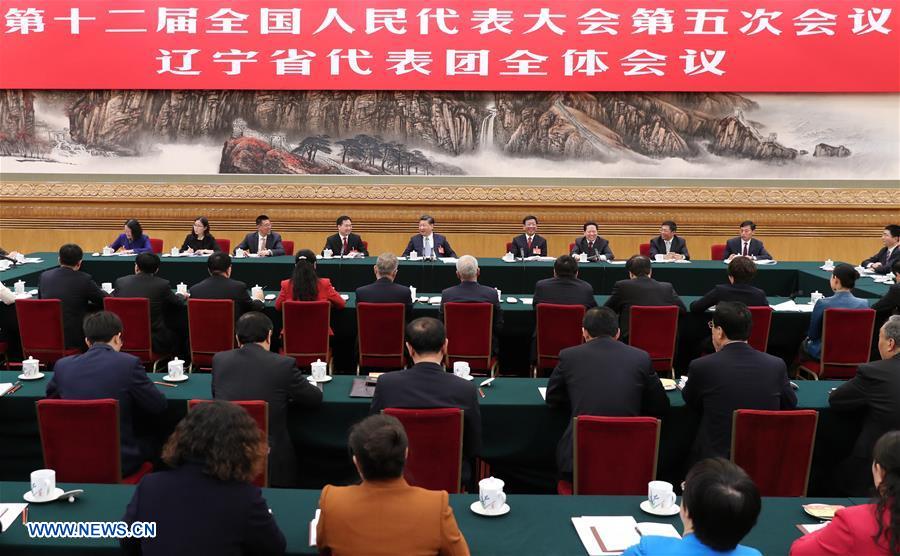 Chinese President Xi Jinping joins a panel discussion with deputies to the 12th National People