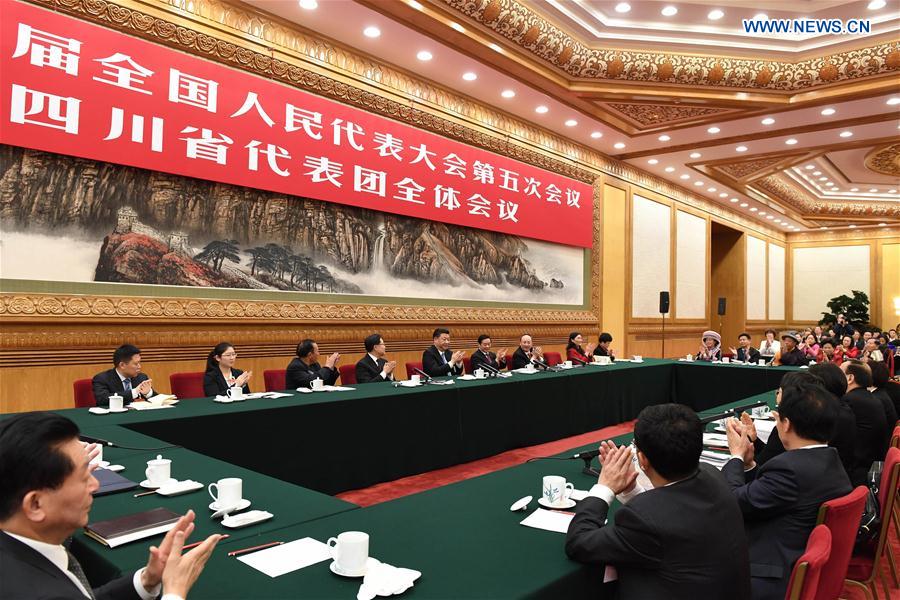 Chinese President Xi Jinping joins a panel discussion with deputies to the 12th National People