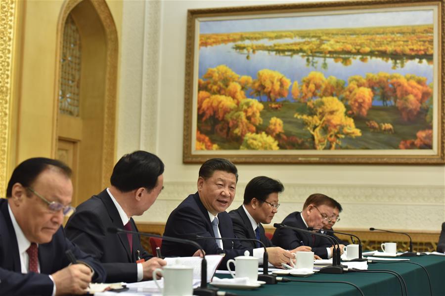 Chinese President Xi Jinping joins a panel discussion with deputies to the 12th National People