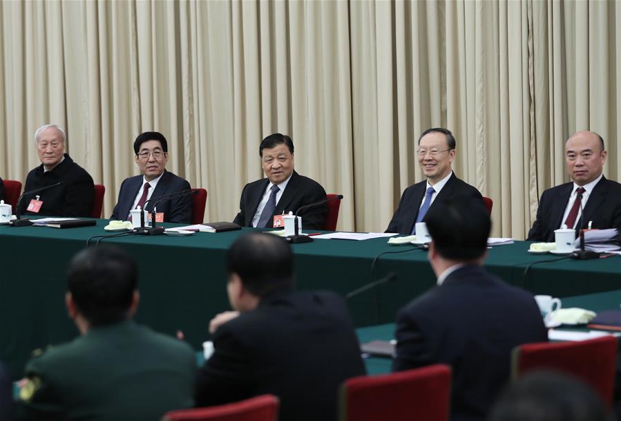 Liu Yunshan, a member of the Standing Committee of the Political Bureau of the Communist Party of China (CPC) Central Committee, joins a panel discussion with deputies to the 12th National People