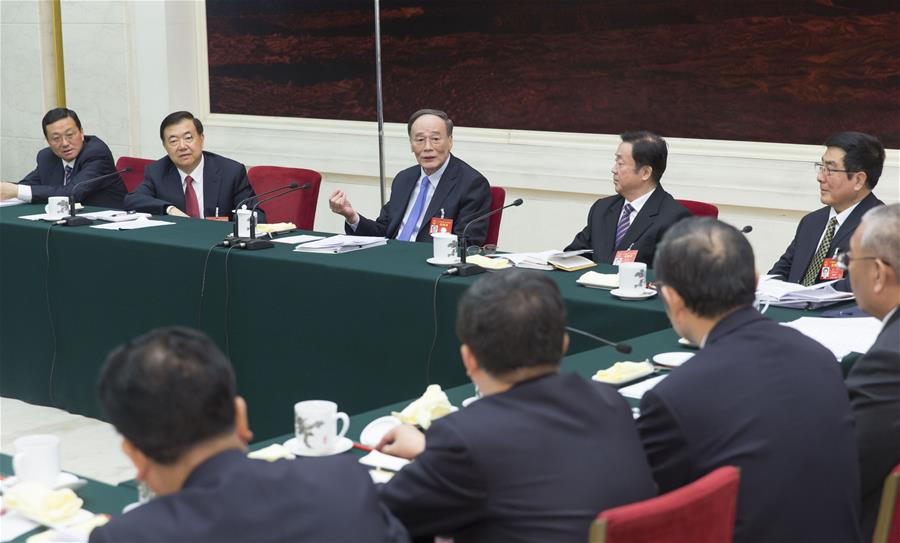 Wang Qishan, a member of the Standing Committee of the Political Bureau of the Communist Party of China (CPC) Central Committee, joins a panel discussion with deputies to the 12th National People