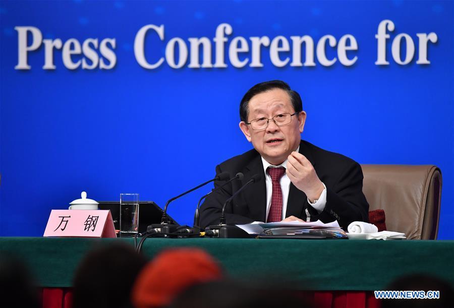 Chinese Science and Technology Minister Wan Gang answers questions on innovation-driven development at a press conference for the fifth session of the 12th National People