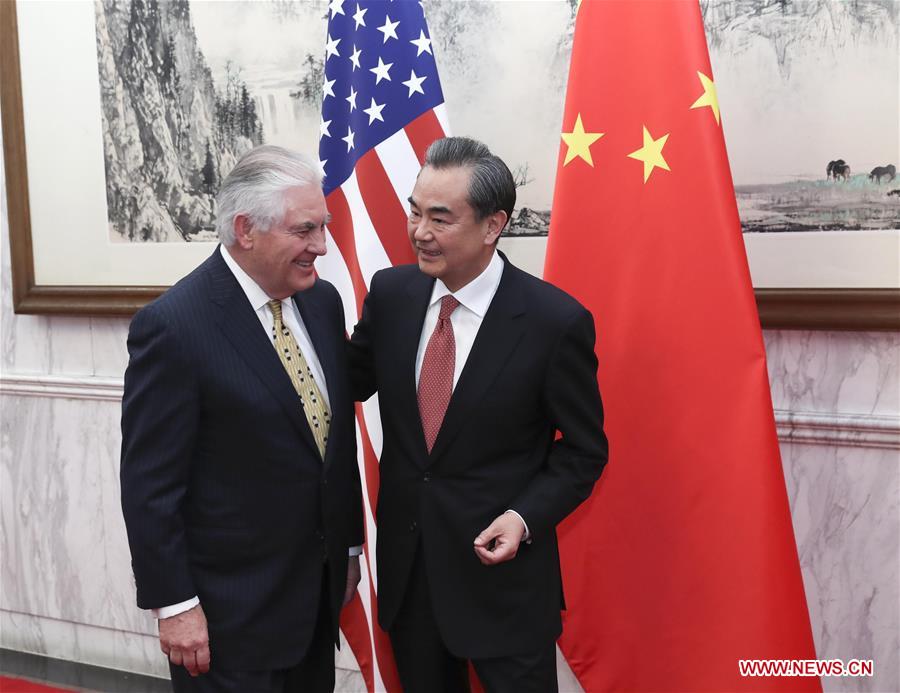 Chinese Foreign Minister Wang Yi (R) meets with U.S. Secretary of State Rex Tillerson in Beijing, capital of China, March 18, 2017. (Xinhua/Pang Xinglei)